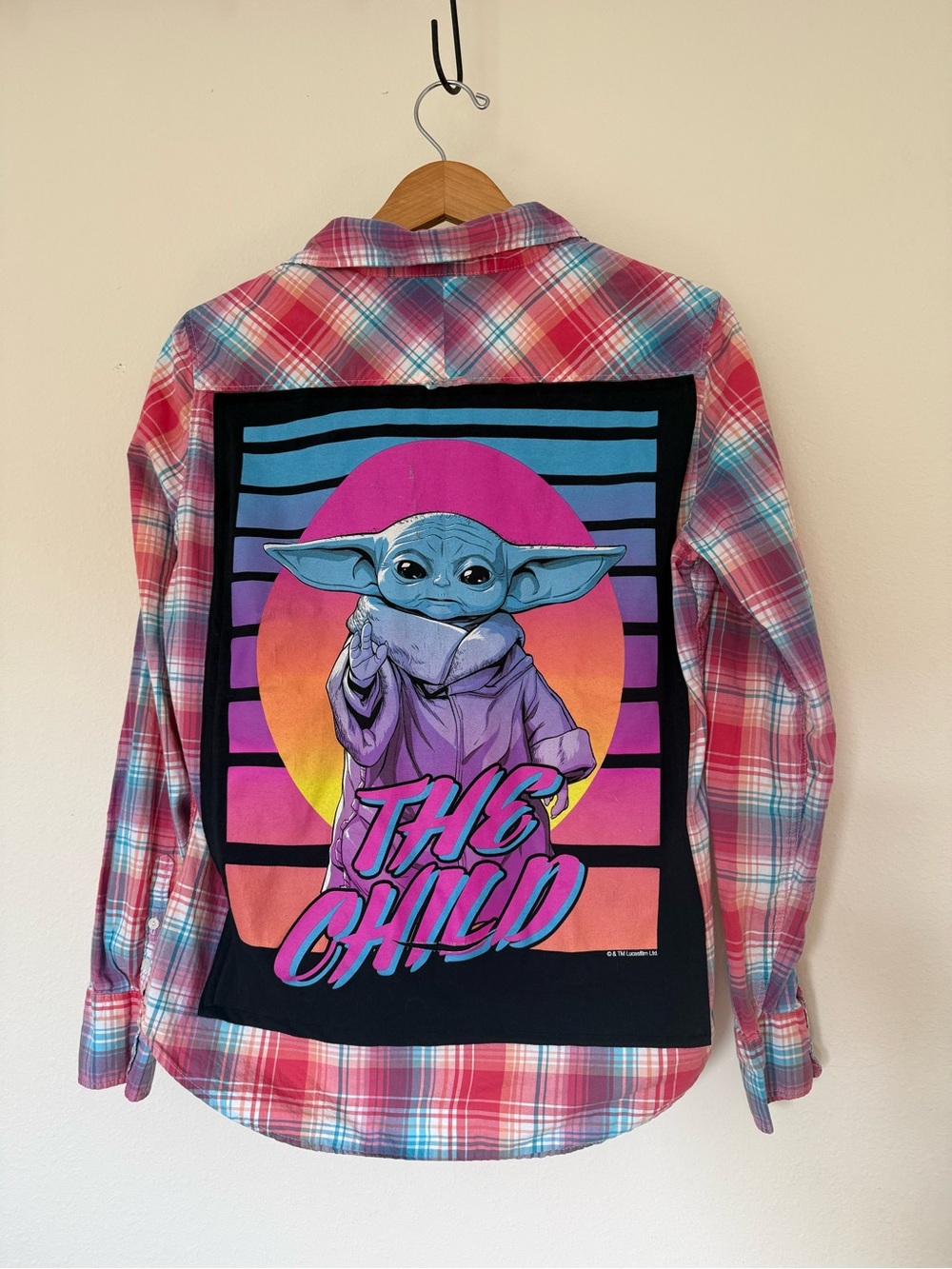Kids Pink Plaid Shirt with 'The Child' Graphic